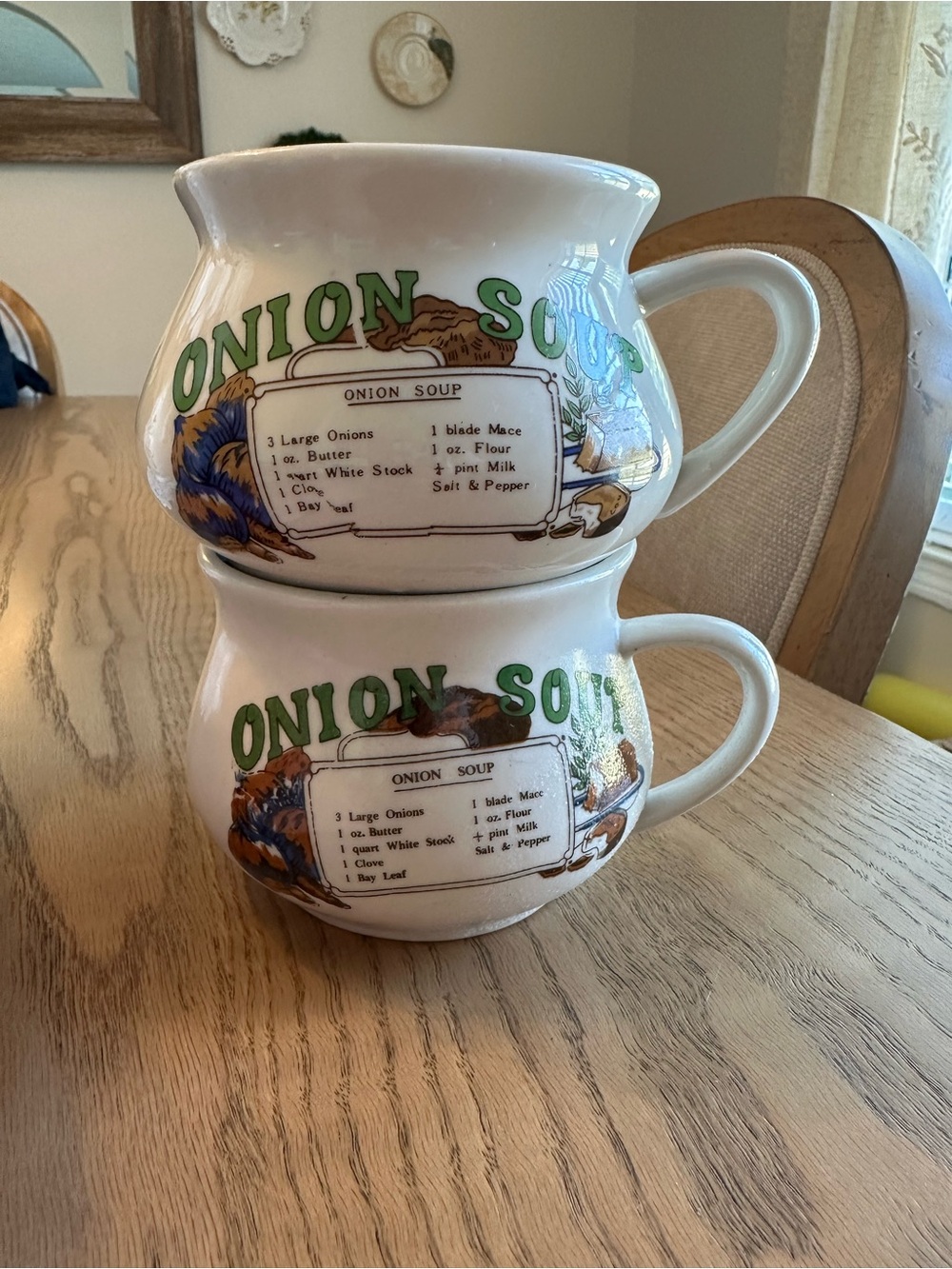 Onion Soup Ceramic Soup Mugs - White with Green Print